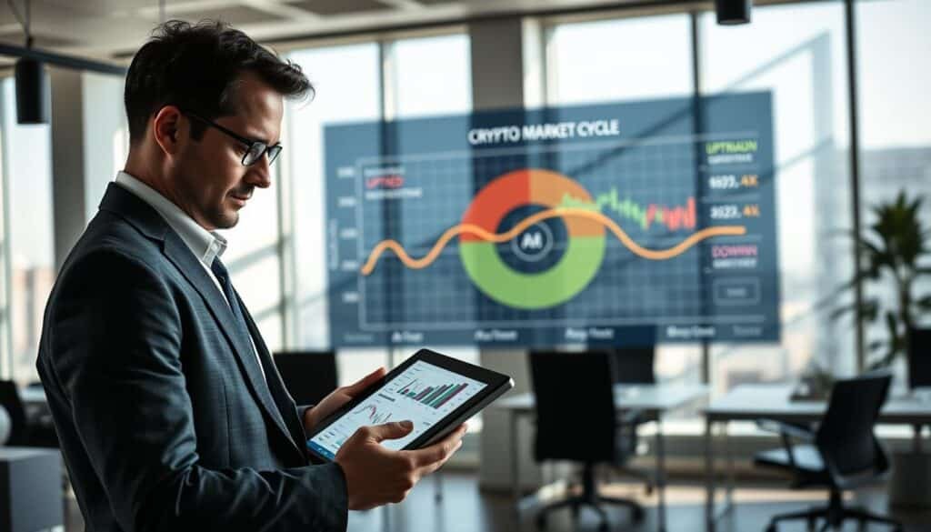A detailed visualization of a crypto market cycle timing strategy. In the foreground, a sophisticated financial analyst wearing professional business attire studies intricate graphs and charts on a digital tablet. The middle layer features a large, dynamic display showcasing the phases of a crypto market cycle: accumulation, uptrend, distribution, and downtrend, represented through vivid colors and clear indicators. The background contains a modern office space with large windows allowing natural light to filter in, casting soft shadows. The atmosphere is one of focus and innovation, highlighted by subtle blue and green hues that evoke trust and growth. The scene is captured with a wide-angle lens, providing a comprehensive view of the analyst's engaged expression and the digital data surrounding them.