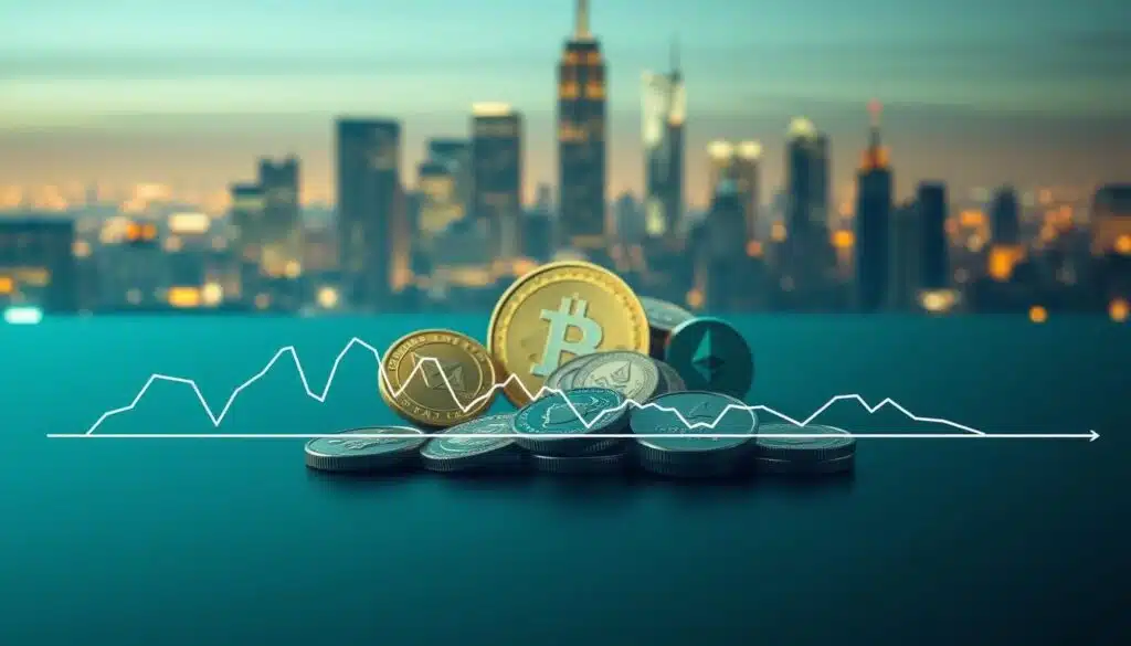 A digital artwork depicting the characteristics of a sideways market in cryptocurrency. In the foreground, a stylized line graph showing fluctuating price movements with a flat horizontal axis, symbolizing stagnation. In the middle ground, various cryptocurrencies represented as coins, such as Bitcoin and Ethereum, arranged in a circle, conveying a sense of balance and uncertainty. The background features an abstract city skyline illuminated by soft, ambient lighting, reflecting a calm yet tense atmosphere. The overall color palette is a mix of cool blues and greens, with subtle hints of gold on the coins. The image should be captured from a slightly elevated angle to provide depth, enhancing the feeling of analysis and observation, evoking a professional yet contemplative mood.