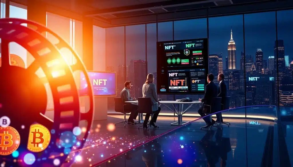 A digital artwork illustrating the concept of NFT film financing. In the foreground, a stylized film reel blends with digital elements symbolizing NFTs, such as blockchain chains and tokens, creating a cohesive visual connection. The middle ground features a sophisticated boardroom, where a diverse group of four professionals in business attire discuss strategies, engaging with a large screen displaying colorful NFT graphics related to film projects. The background shows a darkened cityscape illuminated by bright lights, symbolizing the digital world and innovation in filmmaking. Soft natural lighting spills into the room, creating a warm yet dynamic atmosphere. The overall mood conveys a sense of collaboration and forward-thinking in the intersection of technology and film finance.