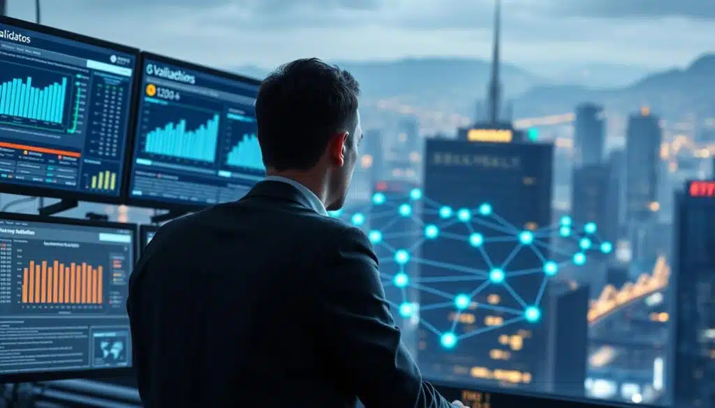 A digital artwork illustrating the role of blockchain validators in network security. In the foreground, depict a professional individual in business attire, intently monitoring multiple screens showing blockchain data and validator metrics. In the middle ground, show a stylized representation of a secure blockchain network with interconnected nodes highlighted, glowing with blue and green lights to signify active validation. The background should feature an abstract, futuristic cityscape with technological elements, hinting at the vastness of the blockchain ecosystem. Soft, ambient lighting creates an atmosphere of focus and innovation, while a slight depth of field blurs the background slightly, drawing attention to the central figure and the glowing blockchain.