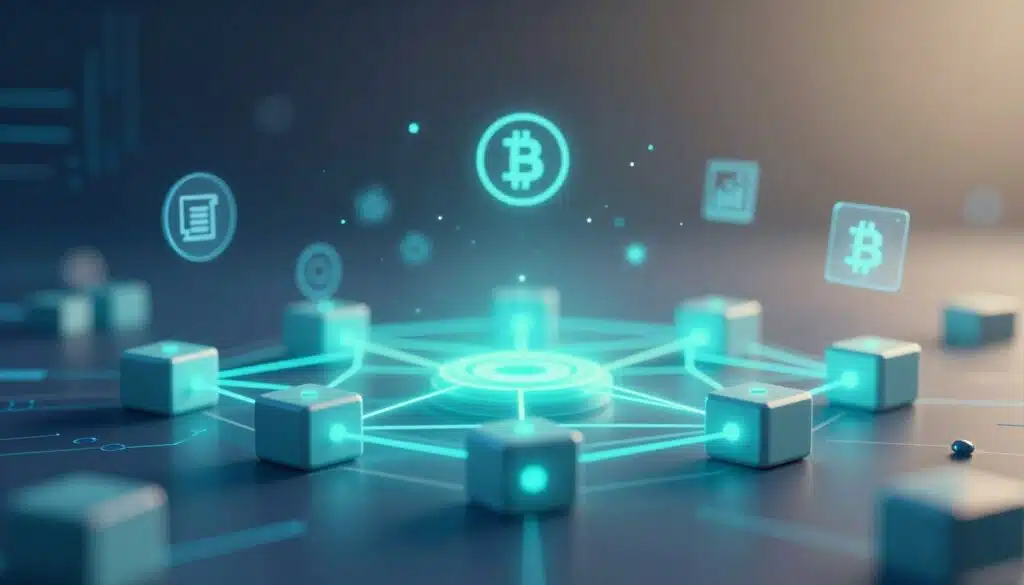 A digital illustration depicting a blockchain network landscape, featuring interconnected blocks and nodes illuminated by a soft, futuristic blue and green glow. In the foreground, a 3D representation of blockchain technology shows individual blocks linked with luminous lines, symbolizing connectivity and security. In the middle ground, abstract representations of cryptocurrency icons and digital assets float around the blockchain, suggesting their integration into this network. The background features a gradient of dark to light colors, representing the transition from conventional to digital finance, with a subtle matrix-style pattern to imply data processing. The scene is bathed in a cool, professional lighting setup, conveying a sense of innovation and trust within the cryptocurrency space. The atmosphere is focused and high-tech, reflecting the fundamentals of blockchain technology.