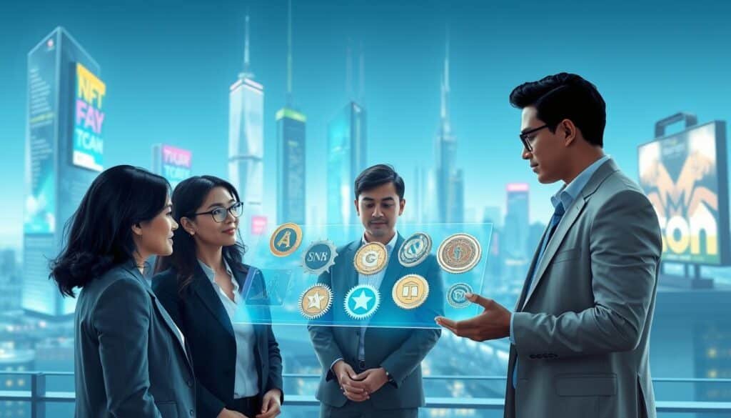 A digital illustration depicting the concept of NFT fan token utility in 2026. In the foreground, a diverse group of three people in professional business attire are engaged in a discussion, analyzing a vibrant holographic display showcasing various fan tokens with intricate designs. In the middle background, a futuristic cityscape embodies advanced technology, with sleek skyscrapers and digital billboards promoting different fan tokens. Soft glowing lights illuminate the scene, creating a high-tech, optimistic atmosphere. The angle is slightly elevated, providing a broad view of the interaction, emphasizing collaboration and innovation in the NFT space. The color palette should be bright and inviting, with blues and greens dominating, suggesting a forward-thinking environment. A digital illustration depicting the concept of NFT fan token utility in 2026. In the foreground, a diverse group of three people in professional business attire are engaged in a discussion, analyzing a vibrant holographic display showcasing various fan tokens with intricate designs. In the middle background, a futuristic cityscape embodies advanced technology, with sleek skyscrapers and digital billboards promoting different fan tokens. Soft glowing lights illuminate the scene, creating a high-tech, optimistic atmosphere. The angle is slightly elevated, providing a broad view of the interaction, emphasizing collaboration and innovation in the NFT space. The color palette should be bright and inviting, with blues and greens dominating, suggesting a forward-thinking environment.