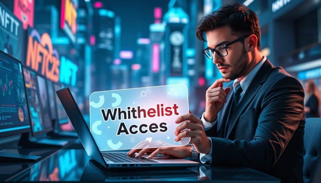 A digital illustration depicting the concept of "NFT whitelist access." In the foreground, a stylized, translucent digital card labeled "Whitelist Access" glows softly, featuring abstract patterns representative of blockchain technology. The middle ground showcases a tech-savvy individual in professional business attire, thoughtfully examining the card on a sleek laptop, surrounded by neon-lit screens displaying NFTs and digital art. The background is a blurred futuristic cityscape, illuminated by neon lights and holographic elements, enhancing the tech atmosphere. Soft, dynamic lighting shines from behind the subject, creating a sense of intrigue and opportunity, while the overall mood conveys excitement and professionalism in the evolving world of NFTs.