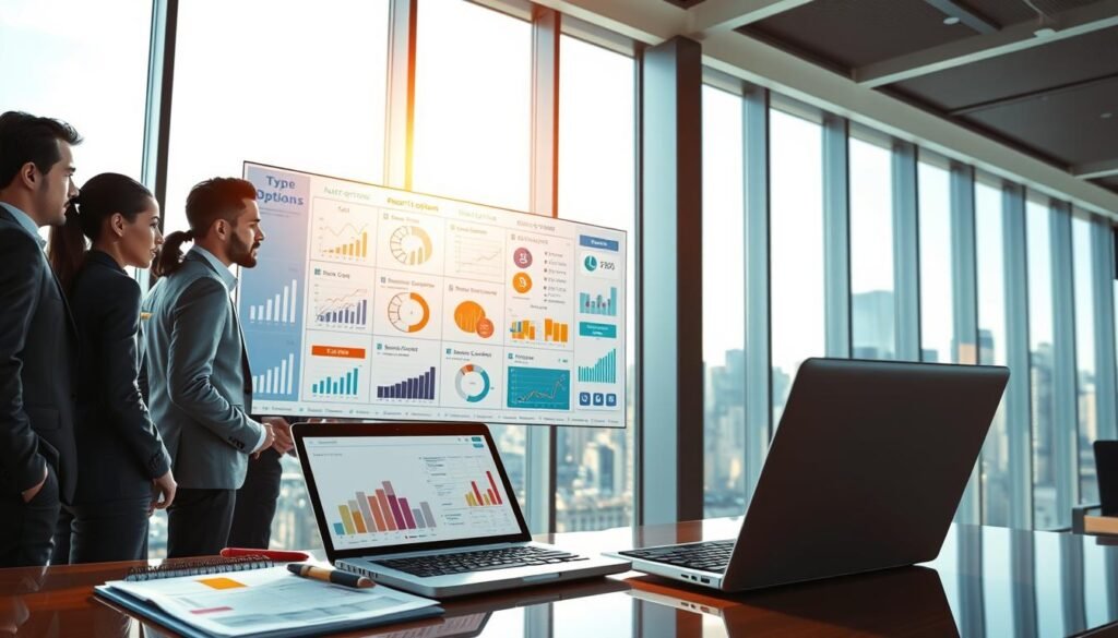 A digital illustration depicting the concept of crypto options, focusing on types and features. In the foreground, show a diverse group of professionals in smart business attire, engaged in a discussion over a large interactive screen displaying various crypto options charts, graphs, and icons. In the middle ground, include elements like a laptop with colorful charts and a notepad with handwritten notes alongside a financial calculator. In the background, incorporate a sleek, modern office setting with large windows revealing a bustling cityscape. The lighting is bright and natural, casting soft shadows, creating an informative and engaging atmosphere. Emphasize clarity and understanding in the visuals, capturing the essence of crypto options for beginners. A digital illustration depicting the concept of crypto options, focusing on types and features. In the foreground, show a diverse group of professionals in smart business attire, engaged in a discussion over a large interactive screen displaying various crypto options charts, graphs, and icons. In the middle ground, include elements like a laptop with colorful charts and a notepad with handwritten notes alongside a financial calculator. In the background, incorporate a sleek, modern office setting with large windows revealing a bustling cityscape. The lighting is bright and natural, casting soft shadows, creating an informative and engaging atmosphere. Emphasize clarity and understanding in the visuals, capturing the essence of crypto options for beginners.
