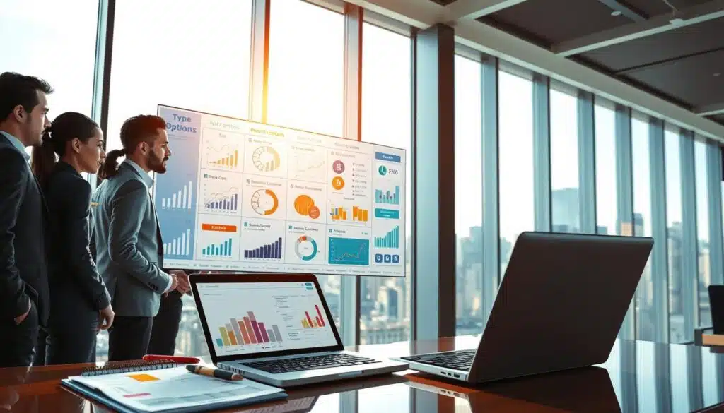A digital illustration depicting the concept of crypto options, focusing on types and features. In the foreground, show a diverse group of professionals in smart business attire, engaged in a discussion over a large interactive screen displaying various crypto options charts, graphs, and icons. In the middle ground, include elements like a laptop with colorful charts and a notepad with handwritten notes alongside a financial calculator. In the background, incorporate a sleek, modern office setting with large windows revealing a bustling cityscape. The lighting is bright and natural, casting soft shadows, creating an informative and engaging atmosphere. Emphasize clarity and understanding in the visuals, capturing the essence of crypto options for beginners. A digital illustration depicting the concept of crypto options, focusing on types and features. In the foreground, show a diverse group of professionals in smart business attire, engaged in a discussion over a large interactive screen displaying various crypto options charts, graphs, and icons. In the middle ground, include elements like a laptop with colorful charts and a notepad with handwritten notes alongside a financial calculator. In the background, incorporate a sleek, modern office setting with large windows revealing a bustling cityscape. The lighting is bright and natural, casting soft shadows, creating an informative and engaging atmosphere. Emphasize clarity and understanding in the visuals, capturing the essence of crypto options for beginners.
