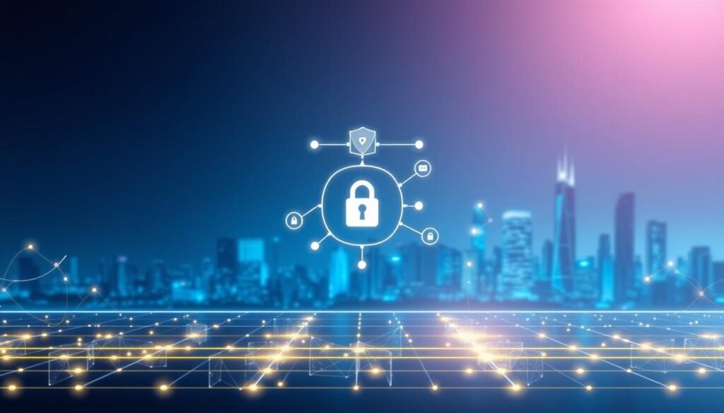 A digital illustration showcasing the concept of blockchain technology as an immutable ledger, emphasizing its benefits in enhancing transparency and security. In the foreground, a sleek digital ledger interface displays interconnected blocks with glowing lines representing data flow, symbolizing transparency. In the middle, abstract representations of secure transactions and data encryption, with padlock icons and shield symbols. The background features a futuristic city skyline, bathed in a soft, blue light reflecting a high-tech environment. A gradient of light traverses the image, creating a sense of trust and safety. The atmosphere is professional and optimistic, suggesting innovation and reliability in the fight against money laundering. No people are present in the image.