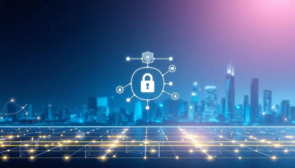 A digital illustration showcasing the concept of blockchain technology as an immutable ledger, emphasizing its benefits in enhancing transparency and security. In the foreground, a sleek digital ledger interface displays interconnected blocks with glowing lines representing data flow, symbolizing transparency. In the middle, abstract representations of secure transactions and data encryption, with padlock icons and shield symbols. The background features a futuristic city skyline, bathed in a soft, blue light reflecting a high-tech environment. A gradient of light traverses the image, creating a sense of trust and safety. The atmosphere is professional and optimistic, suggesting innovation and reliability in the fight against money laundering. No people are present in the image. A digital illustration showcasing the concept of blockchain technology as an immutable ledger, emphasizing its benefits in enhancing transparency and security. In the foreground, a sleek digital ledger interface displays interconnected blocks with glowing lines representing data flow, symbolizing transparency. In the middle, abstract representations of secure transactions and data encryption, with padlock icons and shield symbols. The background features a futuristic city skyline, bathed in a soft, blue light reflecting a high-tech environment. A gradient of light traverses the image, creating a sense of trust and safety. The atmosphere is professional and optimistic, suggesting innovation and reliability in the fight against money laundering. No people are present in the image.