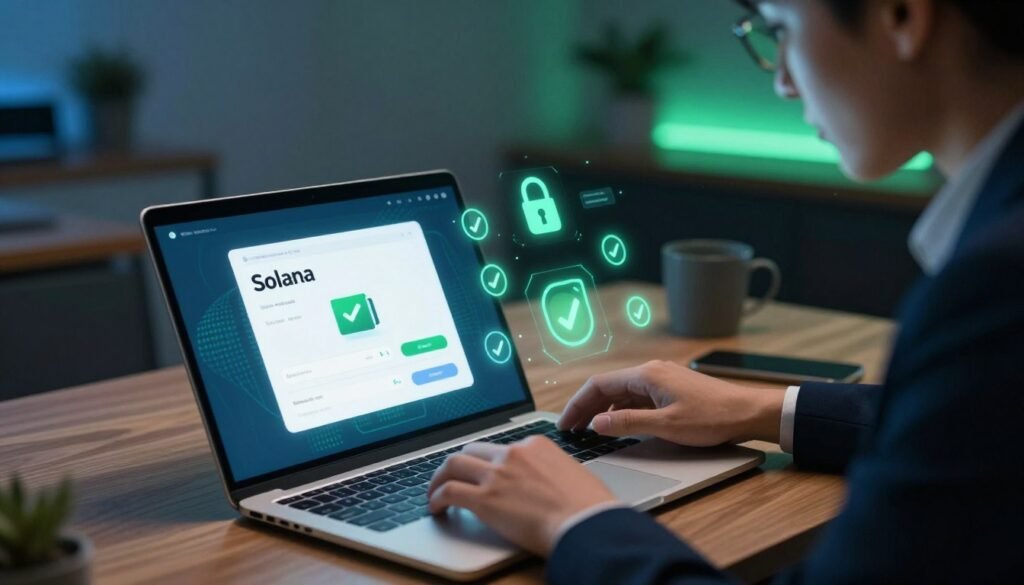 A digital representation of a secure Solana wallet setup, featuring a sleek laptop with a glowing Solana logo on the screen, positioned on a wooden desk. In the foreground, a stylish, professional individual in business attire is carefully reviewing their wallet settings, with an expression of focus and determination. The middle layer showcases various digital security elements, like padlocks and green checkmarks, symbolizing safety and encryption. In the background, a softly lit room emphasizes a modern, tech-savvy atmosphere with soft blue and green ambient lighting that reflects the Solana color palette. Capture this scene from a slightly elevated angle to showcase the wallet interface and security features, creating a sense of professionalism and trust in cryptocurrency management.