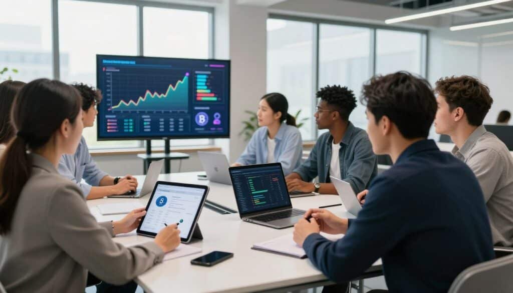 A diverse group of freelancers is gathered around a modern conference table, engaged in a discussion about cryptocurrency payments. In the foreground, a woman in professional attire holds a tablet displaying a crypto wallet app, while a man beside her points at a laptop screen showing a statistics dashboard. The middle features a large digital screen with colorful infographics about cryptocurrency trends. In the background, a bright, open office space with large windows allows natural light to flood the room, creating an inviting atmosphere. The mood is collaborative and innovative, emphasizing the theme of financial empowerment for freelancers through digital currencies. The composition uses a wide-angle lens to capture the dynamic interaction among the group.