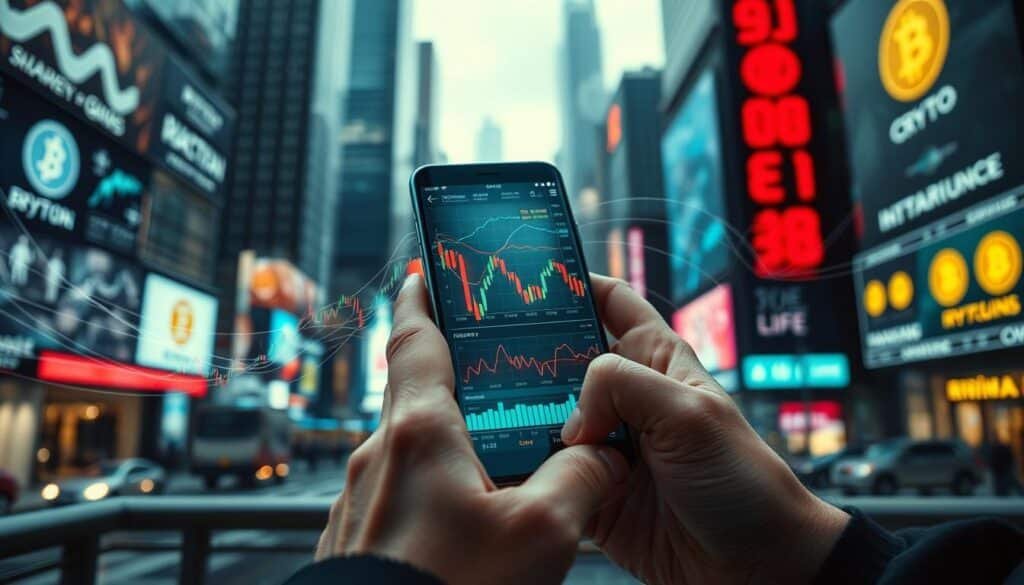 A dynamic, abstract representation of crypto market volatility psychology, focusing on the emotional highs and lows of trading. Foreground: a close-up of a trader's hands gripping a smartphone displaying fluctuating cryptocurrency charts, reflecting tension and concentration. Middle ground: swirling lines and graphs illustrating market trends and emotional responses, like anxiety and excitement, represented through colors ranging from deep reds to calming blues. Background: a futuristic cityscape with digital billboards displaying crypto symbols, subtly suggesting the global nature of trading. Soft, ambient lighting highlights the mood of anticipation. Use a wide-angle lens to capture depth and movement, evoking a sense of urgency in the fast-paced world of cryptocurrencies.