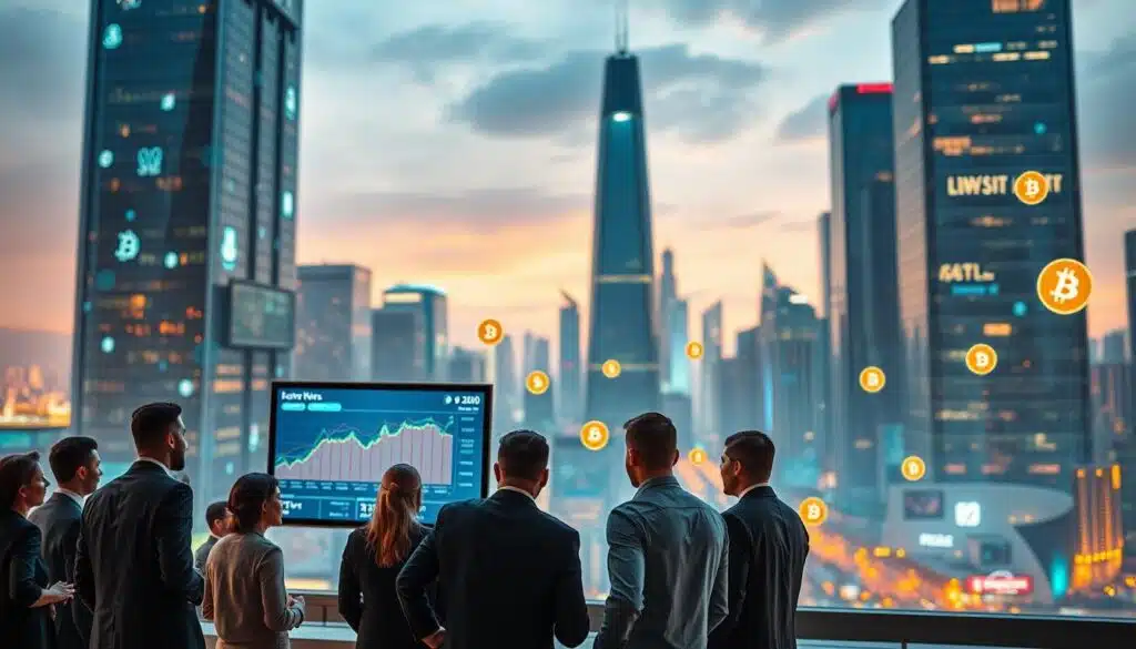 A dynamic and engaging cryptocurrency news landscape, featuring a futuristic cityscape in the background with tall, sleek glass buildings adorned with holographic displays showcasing cryptocurrency symbols and trends. In the foreground, a group of diverse professionals in business attire gathered around a digital news screen, deeply engaged in discussing the latest cryptocurrency updates. The middle ground includes abstract representations of cryptocurrencies—like floating coins and graphs—amidst vibrant colors, reflecting a sense of innovation and technological advancement. Bright ambient lighting illuminates the scene, creating a lively yet professional atmosphere, with a shallow depth of field focusing on the professionals, while the city buzzes with dynamic energy in the distance.