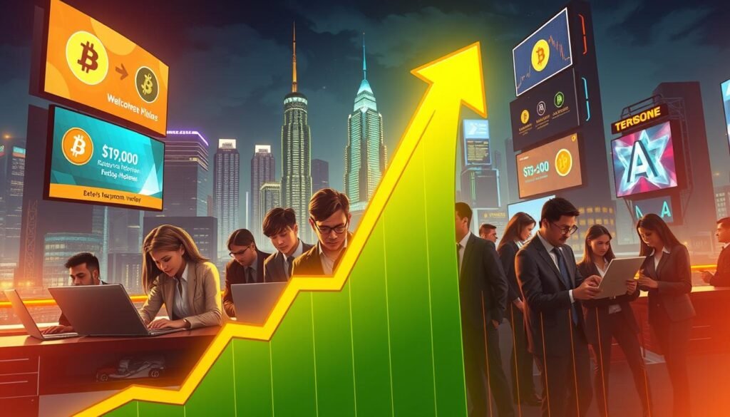A dynamic and engaging illustration depicting the "crypto pump phenomenon." In the foreground, a stylized graph shows an exaggerated upward spike, symbolizing a sudden surge in cryptocurrency value, with bright green and gold tones to convey optimism and opportunity. In the middle, a diverse group of professionals in business attire gather around laptops and digital screens, analyzing data with focused expressions. In the background, a futuristic city skyline illuminated by glowing lights and digital billboards promoting various cryptocurrencies hints at a thriving digital economy. The scene is bathed in warm, ambient lighting, creating an atmosphere of excitement and anticipation. The angle captures a bustling, high-tech trading environment to enhance the sense of urgency and potential of crypto investments. A dynamic and engaging illustration depicting the "crypto pump phenomenon." In the foreground, a stylized graph shows an exaggerated upward spike, symbolizing a sudden surge in cryptocurrency value, with bright green and gold tones to convey optimism and opportunity. In the middle, a diverse group of professionals in business attire gather around laptops and digital screens, analyzing data with focused expressions. In the background, a futuristic city skyline illuminated by glowing lights and digital billboards promoting various cryptocurrencies hints at a thriving digital economy. The scene is bathed in warm, ambient lighting, creating an atmosphere of excitement and anticipation. The angle captures a bustling, high-tech trading environment to enhance the sense of urgency and potential of crypto investments.