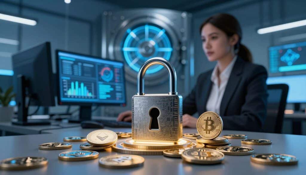 A dynamic and engaging visualization of cryptocurrency security. In the foreground, a sleek digital lock representing security, surrounded by virtual coins symbolizing various cryptocurrencies like Bitcoin and Ethereum, all glowing softly. In the middle, a futuristic office environment with a professional woman in business attire, intently analyzing data on multiple screens displaying graphs and security codes. In the background, a high-tech digital vault illuminated with cool blue lights, giving a sense of advanced technology and safety. The atmosphere should evoke confidence and vigilance, with soft, strategic lighting to enhance focus on the lock and screens, captured from a slightly low angle to impart a sense of importance and urgency.
