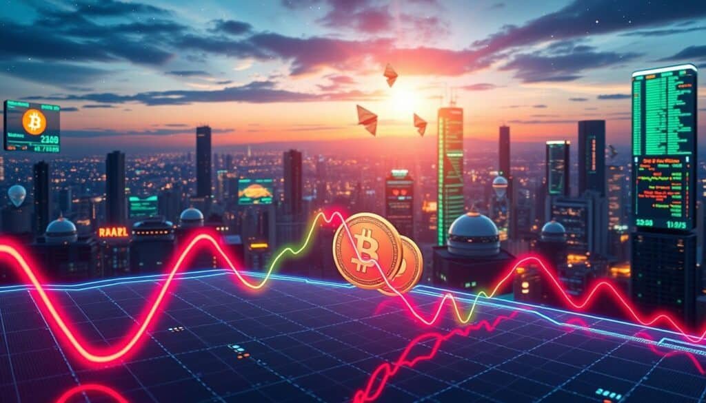 A dynamic and evocative scene depicting "cryptocurrency market sentiment" illustrated through a futuristic digital landscape. In the foreground, focus on a sleek graph chart depicting fluctuating market trends with vibrant green and red lines, symbolizing bullish and bearish sentiments. In the middle ground, integrate stylized representations of popular cryptocurrencies like Bitcoin and Ethereum, embodied as glowing 3D coins amidst a network of interconnected nodes and data streams. The background features a city skyline at dusk, illuminated with digital screens showing market statistics, all under a glowing, starry sky that conveys a sense of innovation and complexity. Use dramatic lighting to highlight key elements, with a slight lens flare effect to add depth, creating an atmosphere of excitement and intrigue in the cryptocurrency world. A dynamic and evocative scene depicting "cryptocurrency market sentiment" illustrated through a futuristic digital landscape. In the foreground, focus on a sleek graph chart depicting fluctuating market trends with vibrant green and red lines, symbolizing bullish and bearish sentiments. In the middle ground, integrate stylized representations of popular cryptocurrencies like Bitcoin and Ethereum, embodied as glowing 3D coins amidst a network of interconnected nodes and data streams. The background features a city skyline at dusk, illuminated with digital screens showing market statistics, all under a glowing, starry sky that conveys a sense of innovation and complexity. Use dramatic lighting to highlight key elements, with a slight lens flare effect to add depth, creating an atmosphere of excitement and intrigue in the cryptocurrency world.