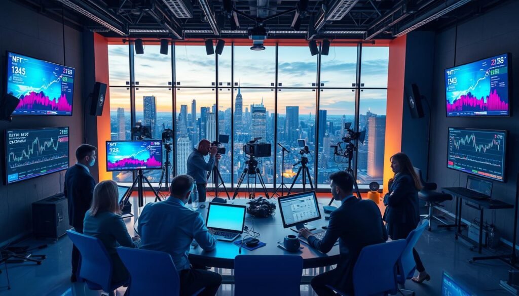 A dynamic and futuristic film production studio that seamlessly integrates blockchain technology, showcasing vibrant screens displaying NFT art and crypto data. In the foreground, a diverse team of professionals in business attire collaborates around a high-tech table, analyzing blockchain charts on digital devices. The middle ground features advanced cameras and lighting equipment set up for a film shoot, while sleek monitors stream production data. The background reveals a large glass window displaying a city skyline at dusk, with warm, ambient lighting enhancing the innovative atmosphere. The mood conveys creativity and technological advancement, emphasizing the intersection of film and blockchain in a vibrant, modern environment.