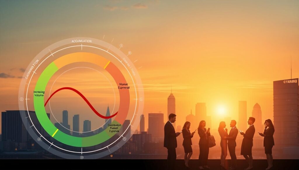 A dynamic and informative illustration of the "Crypto Market Cycle." In the foreground, a large, stylized circular graph representing the market cycle stages: accumulation, uptrend, distribution, and downtrend. Each stage is visually distinct, with vibrant colors and icons depicting key characteristics (like increasing volume or market euphoria). In the middle ground, a group of diverse individuals, dressed in professional business attire, are engaged in conversation and studying digital devices, showcasing their focus on the market. The background features a city skyline at sunset, with glowing cryptocurrency symbols subtly integrated into the architecture, reflecting a sense of innovation and growth. The lighting is warm and inviting, creating a hopeful atmosphere, with a slight lens flare effect to emphasize the forward-looking nature of crypto investing.