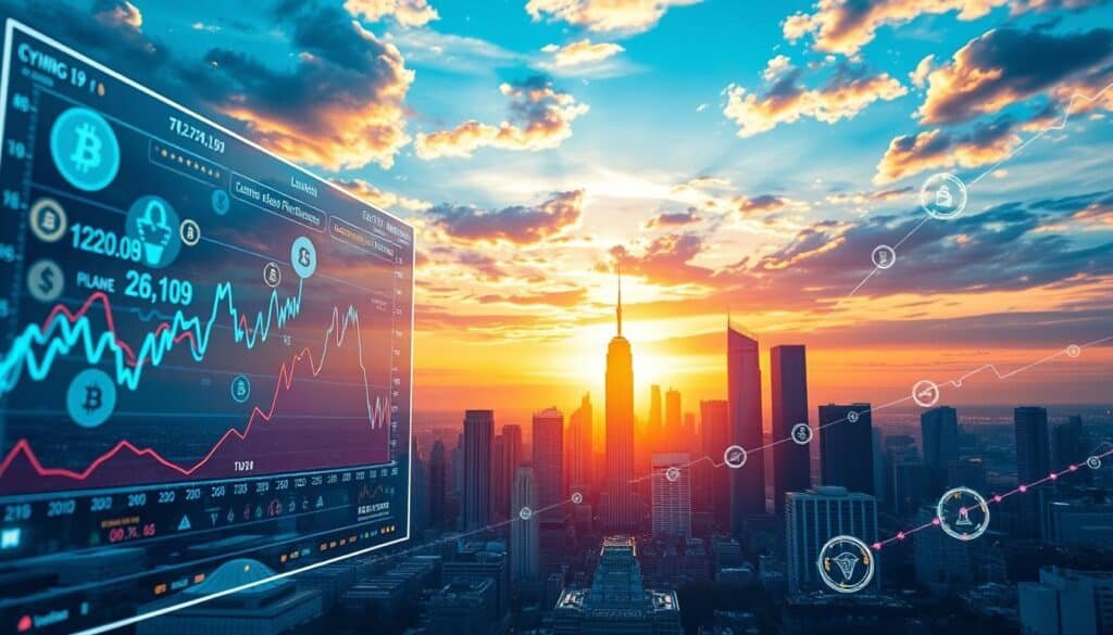 A dynamic and visually captivating representation of the evolving crypto landscape. In the foreground, envision a sleek, futuristic holographic display showcasing various cryptocurrency icons and graphs fluctuating in real time, symbolizing market volatility. The middle ground features a city skyline with prominent skyscrapers made of digital elements, representing innovation and technology in finance. In the background, a vibrant sunset casts dramatic lighting across the scene, with a sky filled with abstract geometric shapes that suggest data flow and connectivity. The atmosphere should feel optimistic and forward-looking, emphasizing the potential and growth of the crypto environment. Use a wide-angle perspective to capture this rich, layered composition, ensuring a sense of depth and engagement for the viewer.