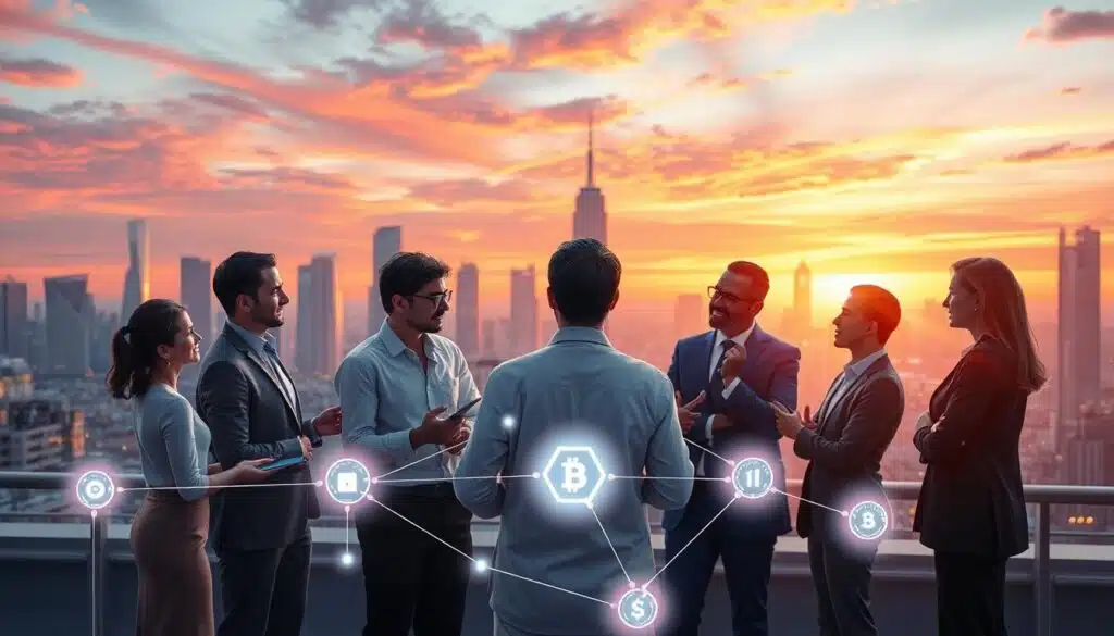 A dynamic and visually engaging illustration of a Proof of Stake network incentives concept. In the foreground, a diverse group of professionals in smart casual business attire actively discussing blockchain validator rewards, with charts and graphs displaying increasing trends of rewards. In the middle ground, digital representations of interconnected nodes symbolizing a blockchain, glowing softly to indicate activity and rewards flowing between them. In the background, a futuristic cityscape under a vibrant sunset, casting a warm glow that highlights the interconnectedness of technology and finance. Use a wide-angle lens with soft focus on the background, emphasizing the group and the blockchain nodes. The scene conveys a sense of innovation, collaboration, and progress in the world of cryptocurrency.