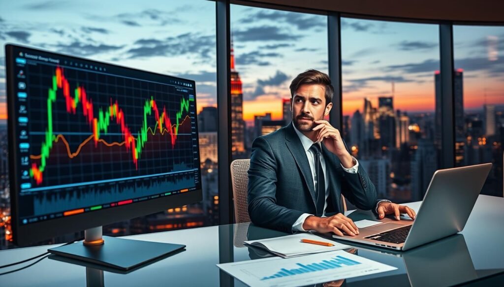 A dynamic and visually striking illustration of the correlation between cryptocurrency and stock market trends. In the foreground, a sleek, modern desktop screen displays fluctuating crypto and stock market graphs in vibrant colors. In the middle ground, a professional business person in a smart suit is analyzing data, with a thoughtful expression, sitting at a contemporary office desk filled with financial charts and a glowing laptop. In the background, a panoramic city skyline at dusk, with illuminated skyscrapers, conveys a sense of bustling economic activity. The lighting is warm yet professional, highlighting the screens and creating a focus on the graphs. The overall mood is one of seriousness and activity, perfectly encapsulating the themes of investment and market analysis without any distracting elements.