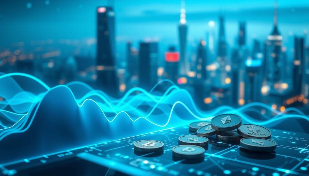 A dynamic and visually striking representation of cryptocurrency liquidity, focusing on a digital landscape. In the foreground, an elegantly designed 3D graph with fluctuating lines illustrates liquidity levels, juxtaposed with vibrant cryptocurrency coins like Bitcoin and Ethereum. The middle depicts abstract representations of liquidity pools, with flowing streams of blue and green light representing the movement of assets. The background features a futuristic cityscape with glowing skyscrapers and interconnected networks, symbolizing the interconnectedness of crypto markets. The overall atmosphere is energetic and innovative, with a cool color palette. Soft, ambient lighting highlights key elements, captured from a slightly elevated angle to provide depth and perspective, giving a sense of motion and potential growth in the cryptocurrency space.