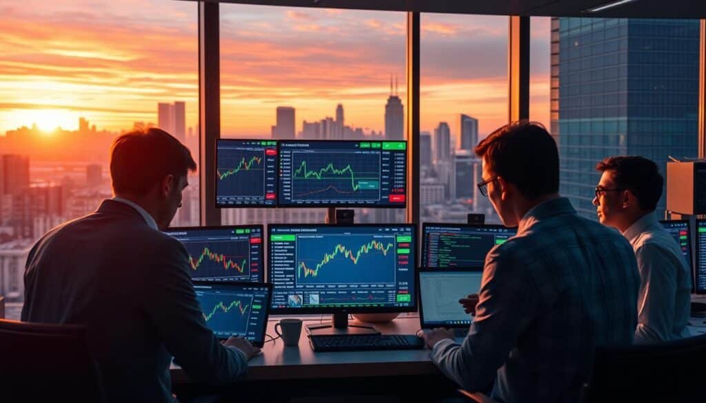 A dynamic crypto trading scene set in a modern financial office environment. In the foreground, a diverse group of three traders, dressed in professional business attire, intensely analyze multiple screens displaying fluctuating cryptocurrency graphs and market data. The middle ground features a large digital board showcasing real-time price changes in major currencies, with green and red indicators symbolizing market volatility. In the background, a city skyline is visible through large windows, reflecting a vibrant sunset that casts warm, dramatic lighting across the room. The atmosphere is charged with energy and focus, emphasizing the urgency and potential of trading in a high inflation context. The image should evoke a sense of determination and strategic thinking amidst economic uncertainty. A dynamic crypto trading scene set in a modern financial office environment. In the foreground, a diverse group of three traders, dressed in professional business attire, intensely analyze multiple screens displaying fluctuating cryptocurrency graphs and market data. The middle ground features a large digital board showcasing real-time price changes in major currencies, with green and red indicators symbolizing market volatility. In the background, a city skyline is visible through large windows, reflecting a vibrant sunset that casts warm, dramatic lighting across the room. The atmosphere is charged with energy and focus, emphasizing the urgency and potential of trading in a high inflation context. The image should evoke a sense of determination and strategic thinking amidst economic uncertainty.