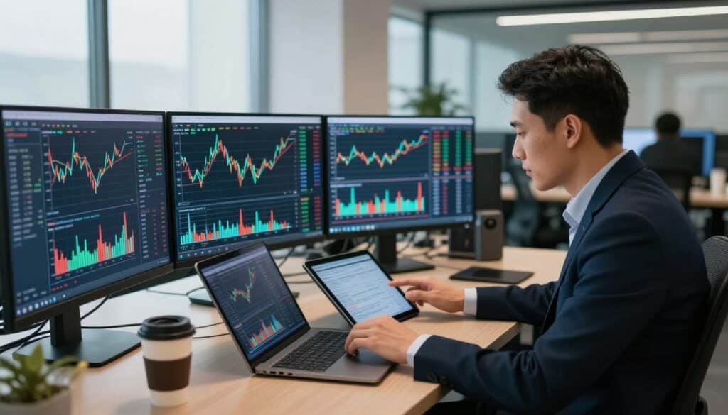 A dynamic cryptocurrency trading environment showcasing multiple digital screens displaying fluctuating cryptocurrency charts and graphs. In the foreground, a professional trader, dressed in smart business attire, is intently analyzing market trends while using a tablet and laptop. The middle ground features a busy trading desk with various tech gadgets and a cup of coffee. The background consists of a modern office space with large windows, allowing natural light to illuminate the room, enhancing the atmosphere of urgency and focus. The lighting is balanced, with soft shadows, creating a professional mood. The angle is slightly elevated to capture both the trader's concentration and the digital displays, emphasizing the fast-paced world of crypto trading hours.