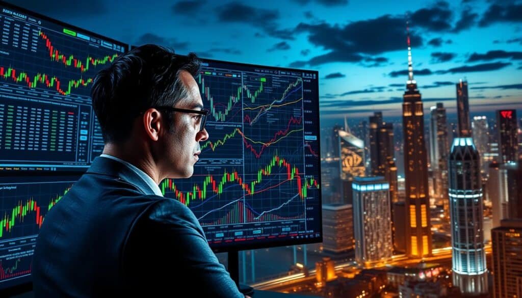 A dynamic depiction of the crypto market volatility and risk analysis, featuring a collage of visuals. In the foreground, a professional analyst in business attire is intently studying multiple screens filled with fluctuating cryptocurrency graphs and data, their expression focused and contemplative. The middle ground showcases a chaotic whirlwind of candlestick charts and price fluctuations in vibrant greens and reds, representing volatility. In the background, a digital skyline with illuminated skyscrapers suggests the high-tech nature of the cryptocurrency world, under a twilight sky adding an air of urgency. The scene is illuminated with a mix of cool blue and warm orange lights to create contrast, enhancing the dramatic atmosphere of the ever-changing crypto landscape. A dynamic depiction of the crypto market volatility and risk analysis, featuring a collage of visuals. In the foreground, a professional analyst in business attire is intently studying multiple screens filled with fluctuating cryptocurrency graphs and data, their expression focused and contemplative. The middle ground showcases a chaotic whirlwind of candlestick charts and price fluctuations in vibrant greens and reds, representing volatility. In the background, a digital skyline with illuminated skyscrapers suggests the high-tech nature of the cryptocurrency world, under a twilight sky adding an air of urgency. The scene is illuminated with a mix of cool blue and warm orange lights to create contrast, enhancing the dramatic atmosphere of the ever-changing crypto landscape.