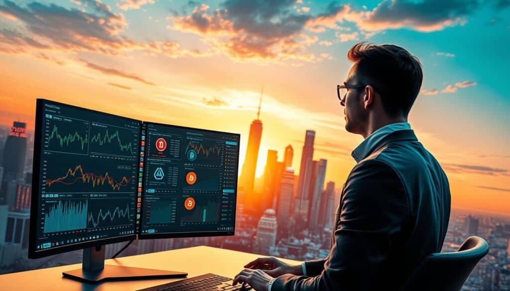 A dynamic digital landscape showcasing the intersection of ChatGPT and cryptocurrency trading. In the foreground, a sleek, modern desktop setup with multiple monitors displaying charts, graphs, and NFT visuals, symbolizing real-time trading data. A professional in smart casual attire observes the screens, intently focused, embodying a knowledgeable trader. The middle ground features a vibrant city skyline, with glowing crypto logos intertwined among the skyscrapers, representing the bustling crypto economy. In the background, a sunset casts an orange hue across the sky, creating a warm yet tech-savvy atmosphere. Soft light glimmers off the screens, enhancing the futuristic mood. The overall composition conveys a sense of innovation and strategic thinking in the evolving crypto landscape. A dynamic digital landscape showcasing the intersection of ChatGPT and cryptocurrency trading. In the foreground, a sleek, modern desktop setup with multiple monitors displaying charts, graphs, and NFT visuals, symbolizing real-time trading data. A professional in smart casual attire observes the screens, intently focused, embodying a knowledgeable trader. The middle ground features a vibrant city skyline, with glowing crypto logos intertwined among the skyscrapers, representing the bustling crypto economy. In the background, a sunset casts an orange hue across the sky, creating a warm yet tech-savvy atmosphere. Soft light glimmers off the screens, enhancing the futuristic mood. The overall composition conveys a sense of innovation and strategic thinking in the evolving crypto landscape.