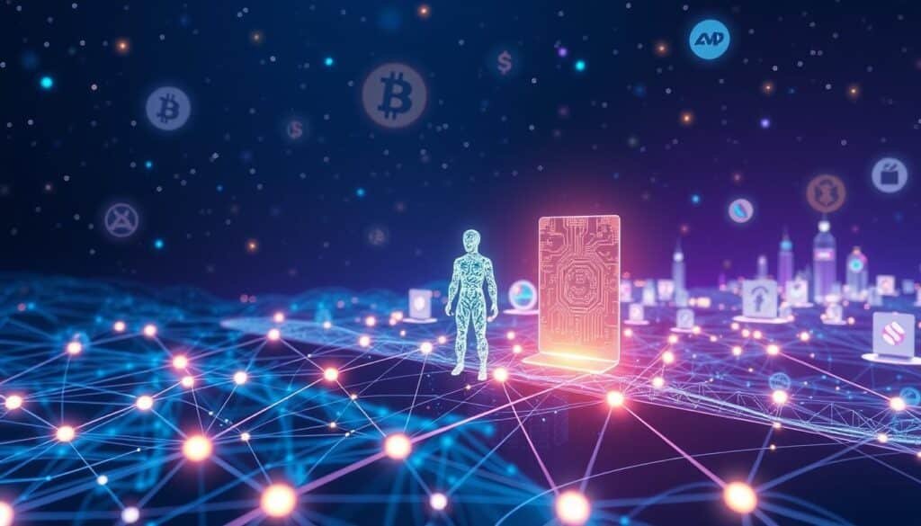 A dynamic, futuristic illustration depicting how AI cross-chain bridges work. In the foreground, visualize intricate networking lines and glowing nodes connecting different blockchain icons, symbolizing data transfer. In the middle layer, showcase an AI figure composed of shimmering circuit patterns, interacting with the blockchain through a holographic interface. The background features a digital landscape of various blockchain structures, each with distinct visuals representing different cryptocurrencies, enveloped in a dark blue and purple night sky illuminated by glowing data streams. Use soft, ethereal lighting to create a sense of innovation and technology. The perspective should be slightly angled to enhance depth. The overall mood is futuristic and optimistic, emphasizing connectivity and technological advancement.