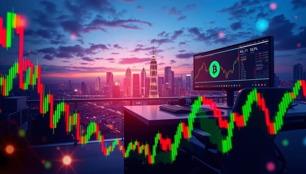 A dynamic illustration depicting crypto trading volatility, capturing the essence of fast-paced market movements. In the foreground, graphical representations of fluctuating line charts and candlestick patterns bursting with vibrant colors like green and red intermingling, symbolizing market highs and lows. The middle ground features a sleek, modern trading desk, with high-tech screens displaying real-time data and digital currency logos. In the background, a city skyline at dusk, illuminated by neon lights, creating an energetic urban atmosphere. Soft, dramatic lighting highlights the screens, casting reflections that enhance the intensity of trader emotions. The overall mood is one of excitement and tension, emphasizing the importance of careful position sizing in a volatile trading environment.