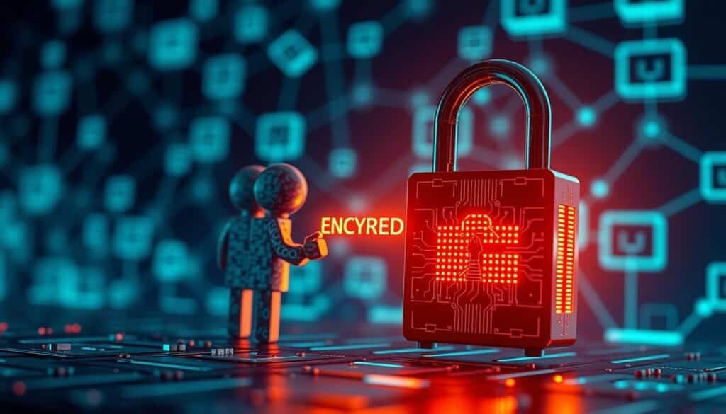 A dynamic illustration of the asymmetric encryption process in the context of blockchain. In the foreground, depict a stylized digital padlock representing public and private keys, with intricate circuit patterns. In the middle ground, visualize two digital entities—one symbolizing the sender and the other the receiver—exchanging a glowing encrypted message, highlighting the concept of secure communication. The background features a network of interconnected blocks symbolizing the blockchain, rendered in soft blues and greens for a tech-savvy feel. Use dramatic lighting to emphasize the central characters, casting a slight glow on the padlock and the encrypted message. The overall mood should convey security, innovation, and trust in digital communication, with a sharp focus and a slight depth of field effect.