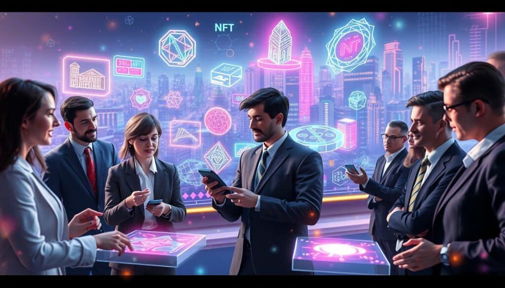 A dynamic illustration representing the evolution of NFTs, layered with vibrant elements showcasing key moments in NFT history. In the foreground, a diverse group of professionals in smart business attire examines holographic NFT artworks, their expressions reflecting curiosity and excitement. In the middle, various stylized NFT representations (digital collectibles, art pieces, and virtual real estate) float above a sleek digital market environment, shimmering with neon colors. The background features an abstract cityscape illuminated by glowing blockchain motifs and data streams, conveying a sense of rapid digital advancement. Soft, ethereal lighting enhances the futuristic atmosphere while a slight blur focuses the viewer's attention on the foreground subjects, encapsulating the transformative impact of NFTs.