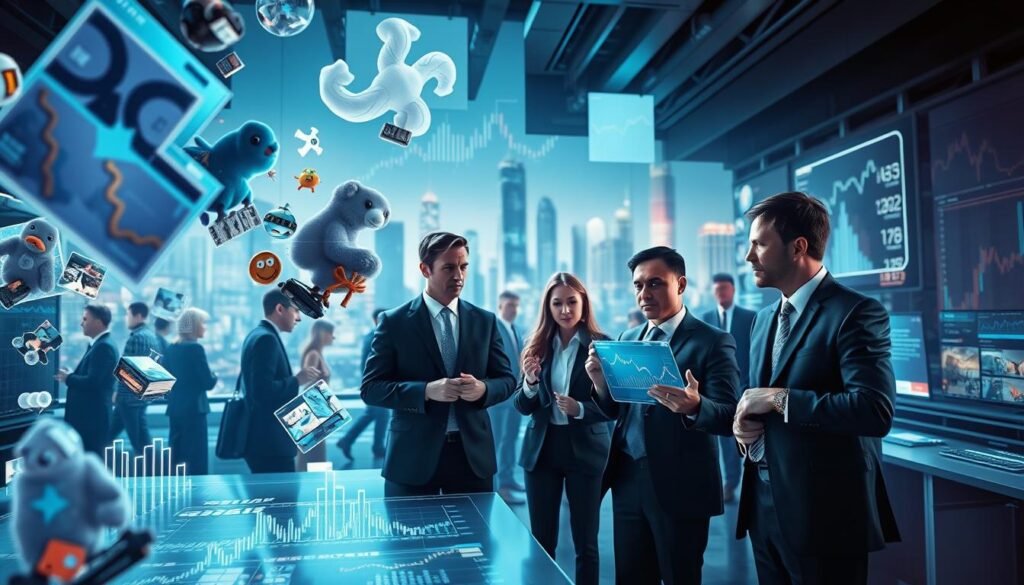 A dynamic representation of NFT market liquidity challenges, featuring a bustling digital marketplace. In the foreground, abstract representations of NFTs floating above a digital trading floor, resembling artwork or collectible items. In the middle ground, diverse business professionals in smart attire, engaged in animated discussions, their expressions serious and focused as they analyze fluctuating market graphs displayed on holographic screens. The background showcases a futuristic city skyline, symbolizing the vast landscape of digital assets. Soft, ambient lighting enhances the digital glow of screens while casting subtle shadows, creating a contrast between the vibrant market and the challenge of liquidity. The overall mood is one of urgency and innovation, reflecting the complex interplay of investment and market dynamics.