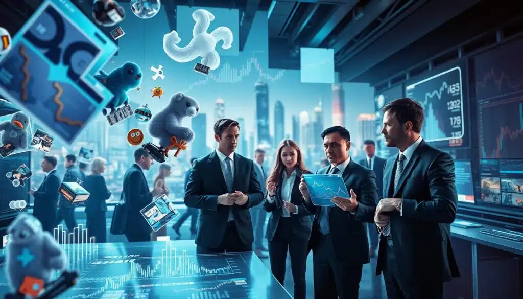 A dynamic representation of NFT market liquidity challenges, featuring a bustling digital marketplace. In the foreground, abstract representations of NFTs floating above a digital trading floor, resembling artwork or collectible items. In the middle ground, diverse business professionals in smart attire, engaged in animated discussions, their expressions serious and focused as they analyze fluctuating market graphs displayed on holographic screens. The background showcases a futuristic city skyline, symbolizing the vast landscape of digital assets. Soft, ambient lighting enhances the digital glow of screens while casting subtle shadows, creating a contrast between the vibrant market and the challenge of liquidity. The overall mood is one of urgency and innovation, reflecting the complex interplay of investment and market dynamics.