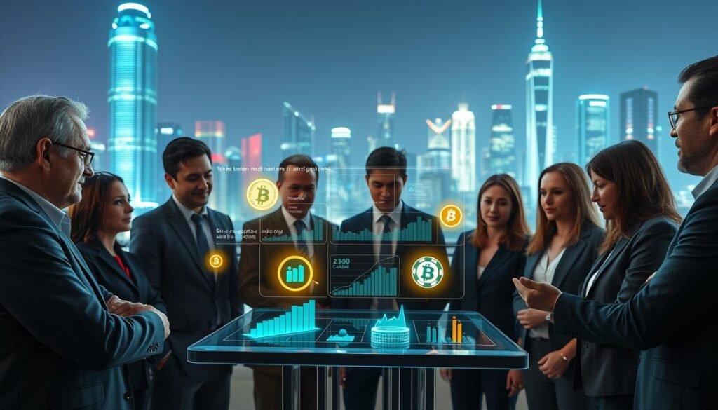 A dynamic representation of tokenomics, showcasing a futuristic city skyline in the background, illuminated by neon lights in shades of blue and green. In the foreground, a diverse group of professionals in business attire, deep in discussion around a transparent digital table displaying various cryptocurrencies and graphs. The middle ground features holographic representations of token distribution models, smart contracts, and user interactions, with glowing digital icons representing supply, demand, and market behavior. Bright, focused lighting highlights the faces of the professionals, conveying an atmosphere of innovation and collaboration. This high-resolution image, captured from a slightly elevated angle, evokes curiosity about the mechanics of tokenomics in the crypto world.