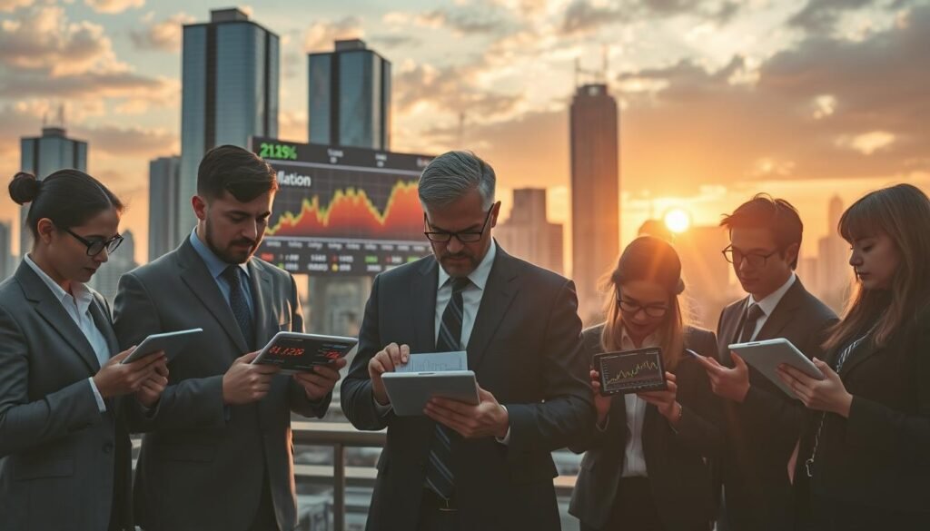 A dynamic scene depicting the duality of inflation and financial markets, set against a bustling city skyline. In the foreground, a diverse group of professionals in smart business attire, attentively analyzing fluctuating cryptocurrency graphs on digital tablets, their expressions showing concern and determination. The middle ground features a large digital screen displaying a soaring inflation rate, accompanied by fluctuating market indices. The background showcases tall office buildings under a dramatic sunset, casting long shadows that evoke a sense of urgency and tension. Soft, golden lighting bathes the scene, creating an atmosphere of both hope and uncertainty, highlighting the crucial intersection of economic forces and trading strategies. A dynamic scene depicting the duality of inflation and financial markets, set against a bustling city skyline. In the foreground, a diverse group of professionals in smart business attire, attentively analyzing fluctuating cryptocurrency graphs on digital tablets, their expressions showing concern and determination. The middle ground features a large digital screen displaying a soaring inflation rate, accompanied by fluctuating market indices. The background showcases tall office buildings under a dramatic sunset, casting long shadows that evoke a sense of urgency and tension. Soft, golden lighting bathes the scene, creating an atmosphere of both hope and uncertainty, highlighting the crucial intersection of economic forces and trading strategies.