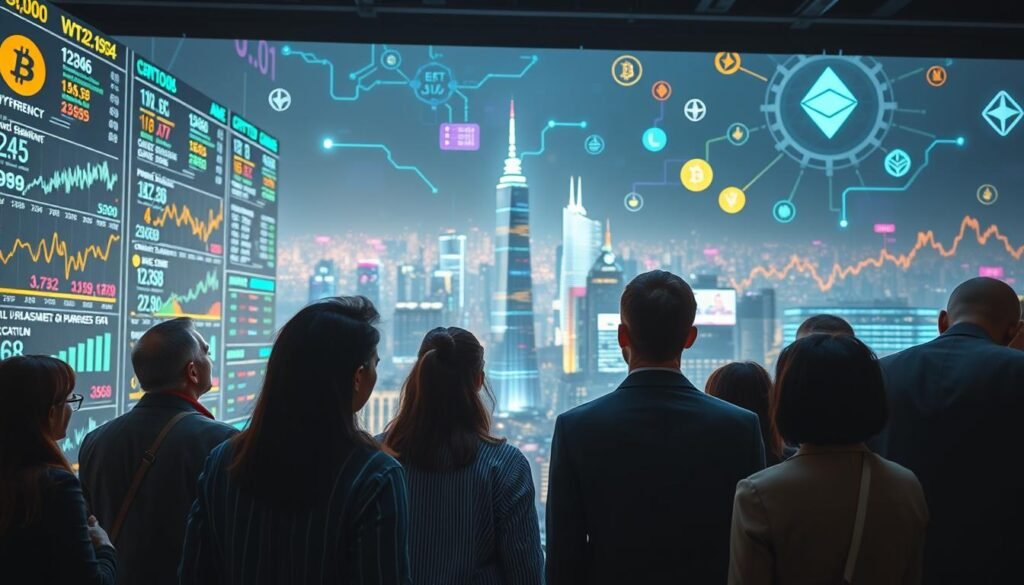 A dynamic scene depicting the fluctuating crypto market sentiment. In the foreground, a diverse group of professionals in business attire gaze thoughtfully at a large digital display board filled with charts and graphs representing cryptocurrency prices and social media sentiment indices. In the middle ground, a futuristic cityscape looms with translucent screens projecting vibrant data, conveying a sense of innovation. The background should include colorful digital networks symbolizing global connectivity, interspersed with abstract symbols of popular cryptocurrencies like Bitcoin and Ethereum. The lighting is bright but slightly moody, emphasizing the atmosphere of uncertainty and anticipation in the market. Use a slightly elevated angle to create depth, making the viewer feel immersed in this insightful world of cryptocurrency analysis.