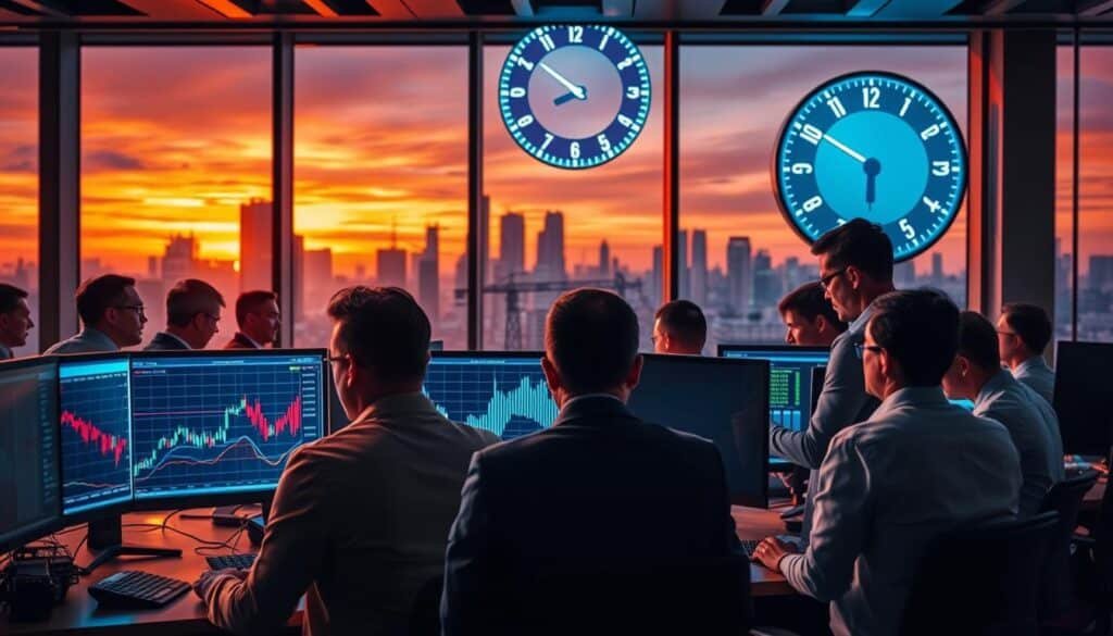 A dynamic scene depicting volatile crypto markets, illustrating the concept of hedging. In the foreground, a diverse group of professionals in business attire intensely study trading screens displaying fluctuating crypto charts. In the middle ground, a digital graph represents sharp peaks and troughs, symbolizing market volatility. The background features a modern office environment with large windows revealing a city skyline at sunset, creating a warm, yet tense atmosphere with deep orange and purple hues. Ambient lighting highlights the intense focus of the traders, while a large digital clock counts down, adding urgency to the scene. The overall mood conveys diligence and the necessity for strategic planning in uncertain financial landscapes.