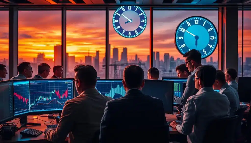 A dynamic scene depicting volatile crypto markets, illustrating the concept of hedging. In the foreground, a diverse group of professionals in business attire intensely study trading screens displaying fluctuating crypto charts. In the middle ground, a digital graph represents sharp peaks and troughs, symbolizing market volatility. The background features a modern office environment with large windows revealing a city skyline at sunset, creating a warm, yet tense atmosphere with deep orange and purple hues. Ambient lighting highlights the intense focus of the traders, while a large digital clock counts down, adding urgency to the scene. The overall mood conveys diligence and the necessity for strategic planning in uncertain financial landscapes. A dynamic scene depicting volatile crypto markets, illustrating the concept of hedging. In the foreground, a diverse group of professionals in business attire intensely study trading screens displaying fluctuating crypto charts. In the middle ground, a digital graph represents sharp peaks and troughs, symbolizing market volatility. The background features a modern office environment with large windows revealing a city skyline at sunset, creating a warm, yet tense atmosphere with deep orange and purple hues. Ambient lighting highlights the intense focus of the traders, while a large digital clock counts down, adding urgency to the scene. The overall mood conveys diligence and the necessity for strategic planning in uncertain financial landscapes.