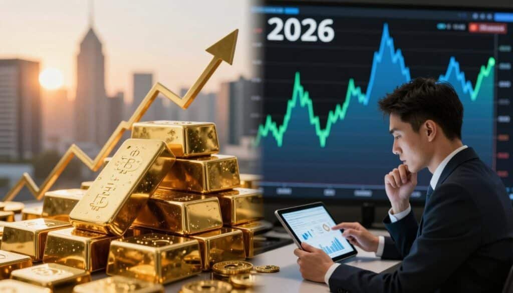 A dynamic split-image composition representing market trends in 2026, with the left side showcasing a robust gold rally. Golden bars stacked triumphantly against a soft-focus background of a financial district skyline during sunset, bathed in warm, glowing light. On the right side, an oscillating line graph depicting bitcoin's volatility, featuring sharp peaks and valleys in vivid blue and green hues against a sleek black backdrop. In the foreground, a professional analyst in business attire, thoughtfully observing charts on a digital tablet, emphasizing focus and insight. The overall mood is energetic yet analytical, capturing the contrast between gold’s stability and bitcoin’s unpredictability. The perspective is slightly angled, adding depth to the scene while maintaining clarity in both sides. A dynamic split-image composition representing market trends in 2026, with the left side showcasing a robust gold rally. Golden bars stacked triumphantly against a soft-focus background of a financial district skyline during sunset, bathed in warm, glowing light. On the right side, an oscillating line graph depicting bitcoin's volatility, featuring sharp peaks and valleys in vivid blue and green hues against a sleek black backdrop. In the foreground, a professional analyst in business attire, thoughtfully observing charts on a digital tablet, emphasizing focus and insight. The overall mood is energetic yet analytical, capturing the contrast between gold’s stability and bitcoin’s unpredictability. The perspective is slightly angled, adding depth to the scene while maintaining clarity in both sides.