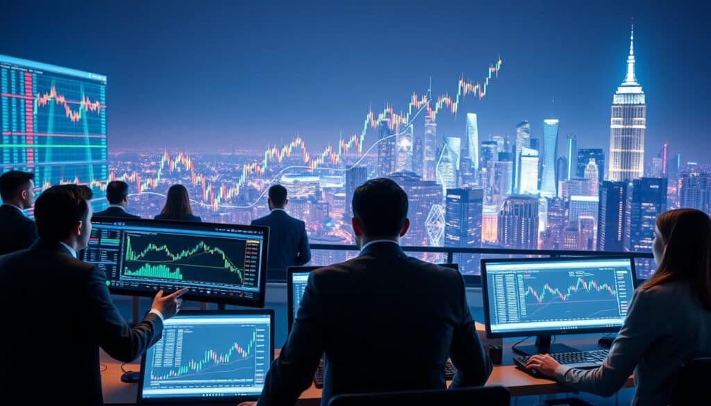A dynamic visualization of the evolution of cryptocurrency markets, showcasing three distinct layers: in the foreground, a diverse group of professionals in business attire intently analyzing trading charts on multiple screens, highlighting the human element of trading; in the middle, a stylized graph illustrating the rise and fall of various cryptocurrencies over time, with bold colors and intricate lines symbolizing volatility; in the background, a futuristic city skyline illuminated by glowing digital symbols representing blockchain technology, creating a vibrant and innovative atmosphere. Soft, ambient lighting enhances the depth of the scene, while a wide-angle perspective captures the bustling energy of the crypto market. The overall mood reflects a blend of ambition and technological advancement, perfect for illustrating trading dynamics.
