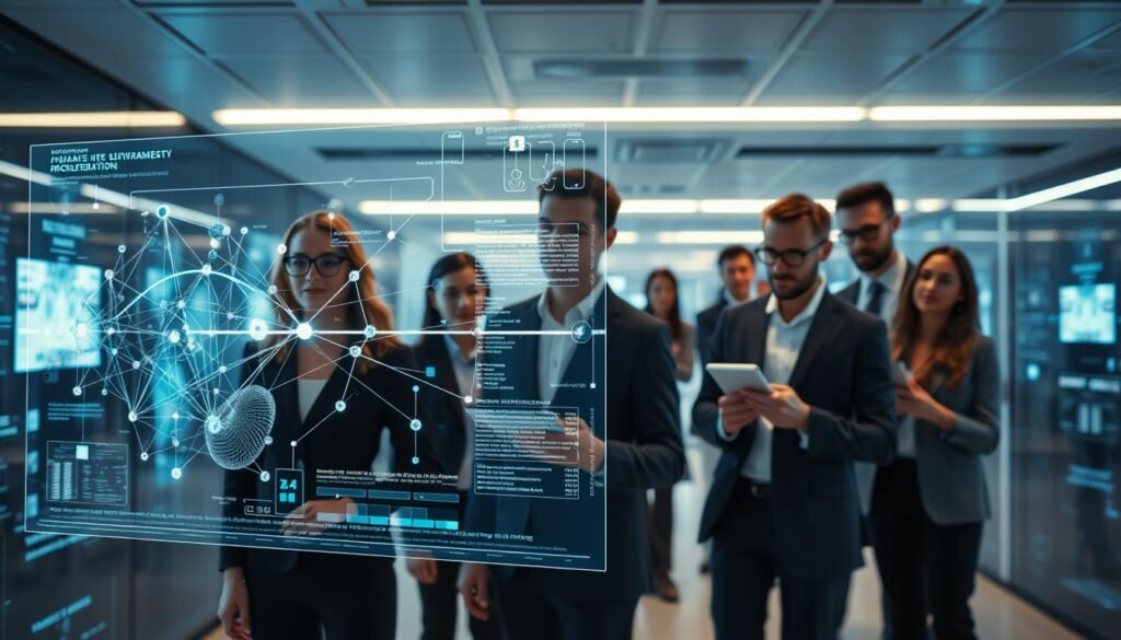 A futuristic AI inference process scene set in a high-tech laboratory. In the foreground, a transparent, holographic interface displays complex neural network diagrams and data streams. In the middle ground, a diverse group of professionals in business attire, including a woman with glasses and a man with a tablet, are analyzing the data. The background features sleek, minimalist design with glowing screens and a network of interconnected nodes resembling a decentralized architecture. The lighting is cool and ambient, accentuating a sense of innovation and focus. The angle is slightly overhead, providing a comprehensive view of the collaboration environment. The overall mood is optimistic and dynamic, reflecting the cutting-edge nature of AI technology. A futuristic AI inference process scene set in a high-tech laboratory. In the foreground, a transparent, holographic interface displays complex neural network diagrams and data streams. In the middle ground, a diverse group of professionals in business attire, including a woman with glasses and a man with a tablet, are analyzing the data. The background features sleek, minimalist design with glowing screens and a network of interconnected nodes resembling a decentralized architecture. The lighting is cool and ambient, accentuating a sense of innovation and focus. The angle is slightly overhead, providing a comprehensive view of the collaboration environment. The overall mood is optimistic and dynamic, reflecting the cutting-edge nature of AI technology.