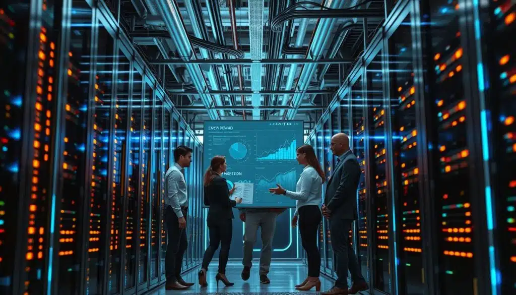 A futuristic AI infrastructure data center scene, showcasing rows of sleek, high-tech servers with glowing lights, illustrating the concept of energy demand. In the foreground, a diverse team of professionals in business attire collaborates over a digital interface, analyzing data graphs and energy metrics. The middle section features a large, transparent display screen showcasing energy consumption statistics and AI analytics. The background is filled with cooling systems and intricate wiring, with soft blue and green neon lighting creating a high-tech atmosphere. The perspective is slightly low-angle, emphasizing the scale of the data center, with a focus on a clean, organized environment that represents cutting-edge technology. The overall mood conveys innovation, professionalism, and reliance on complex energy management systems.