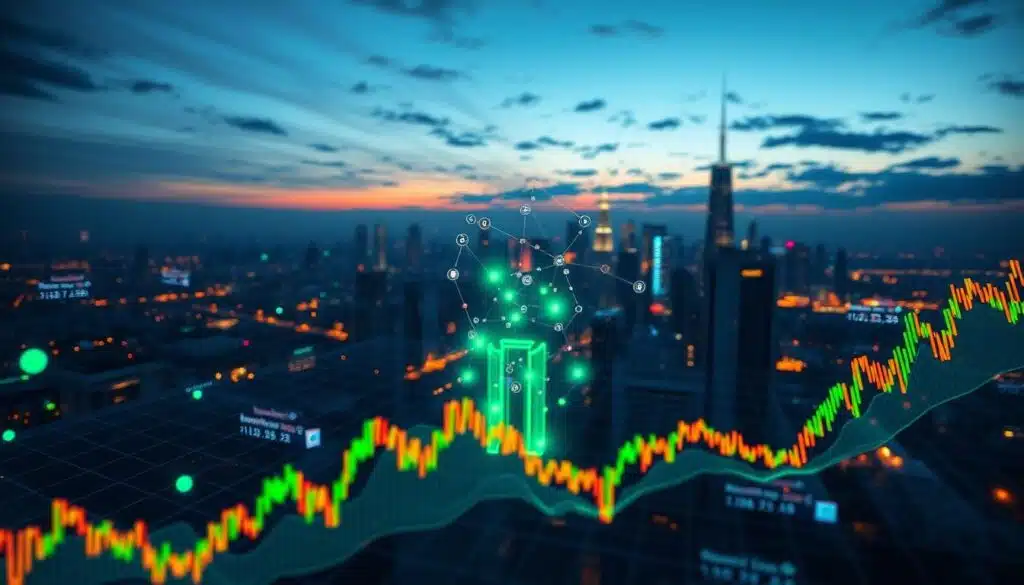 A futuristic and dynamic visualization of crypto market liquidity patterns for 2026. In the foreground, intricate graphs and charts display fluctuating liquidity levels with vibrant colors like deep blue, green, and orange to signify activity. The middle layer features a digital trading interface with floating numerical data and ethereal lines connecting various cryptocurrency nodes, highlighting market interactions. In the background, a city skyline under a twilight sky symbolizes technological advancement, with soft lighting emanating from the buildings. The atmosphere is energetic yet professional, evoking the excitement of trading activities. The angle is slightly elevated, providing a comprehensive view of the market landscape.