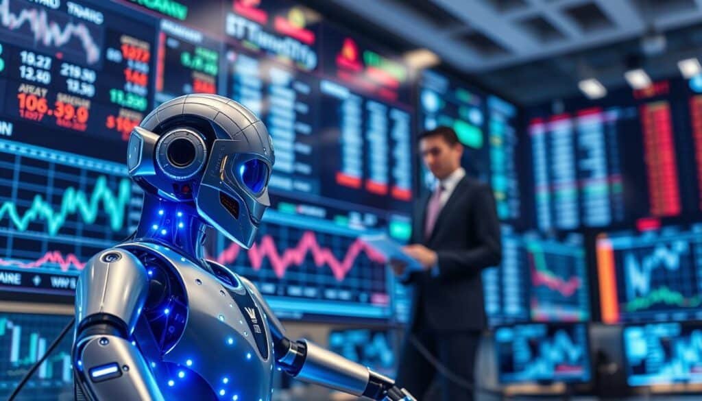 A futuristic and sleek AI trading bot sits prominently in the foreground, its illuminated interface displaying intricate graphs, trading trends, and cryptocurrency symbols. The bot's metallic surface reflects soft blue LED lights, creating a high-tech ambiance. In the middle ground, a digital display board showcases fluctuating charts and numbers, symbolizing real-time market analysis. A professional individual in business attire studies the data intently, with a look of concentration. The background features a high-tech trading room filled with multiple screens showing global financial markets, subtly blurred to emphasize the bot and trader. The overall scene is well-lit with cool tones, conveying a mood of innovation and sophistication in the world of AI-driven crypto trading.