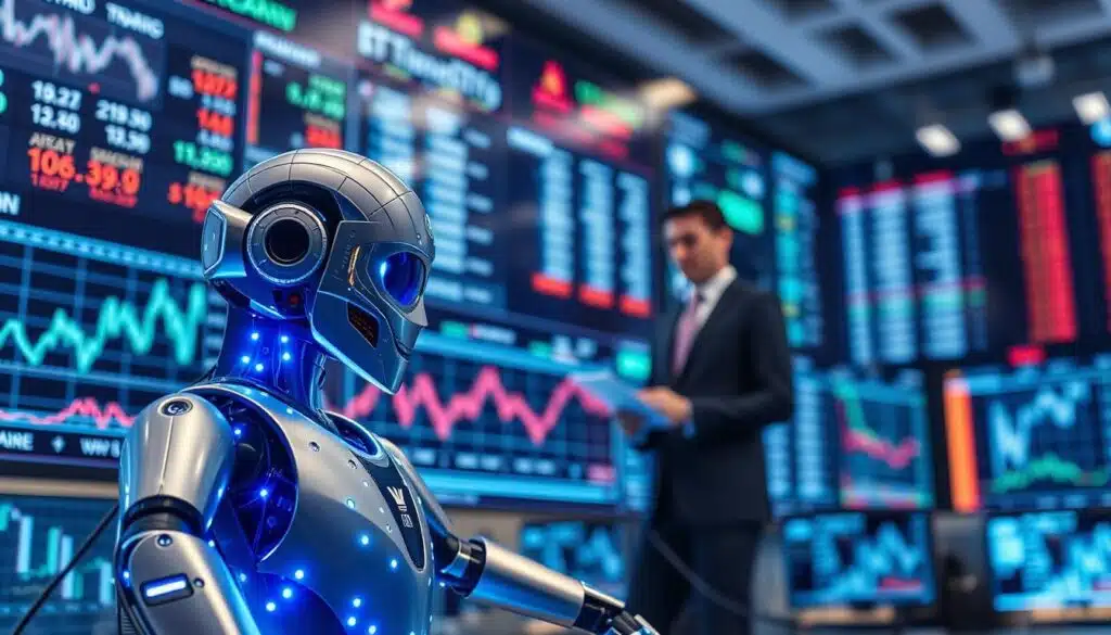 A futuristic and sleek AI trading bot sits prominently in the foreground, its illuminated interface displaying intricate graphs, trading trends, and cryptocurrency symbols. The bot's metallic surface reflects soft blue LED lights, creating a high-tech ambiance. In the middle ground, a digital display board showcases fluctuating charts and numbers, symbolizing real-time market analysis. A professional individual in business attire studies the data intently, with a look of concentration. The background features a high-tech trading room filled with multiple screens showing global financial markets, subtly blurred to emphasize the bot and trader. The overall scene is well-lit with cool tones, conveying a mood of innovation and sophistication in the world of AI-driven crypto trading.