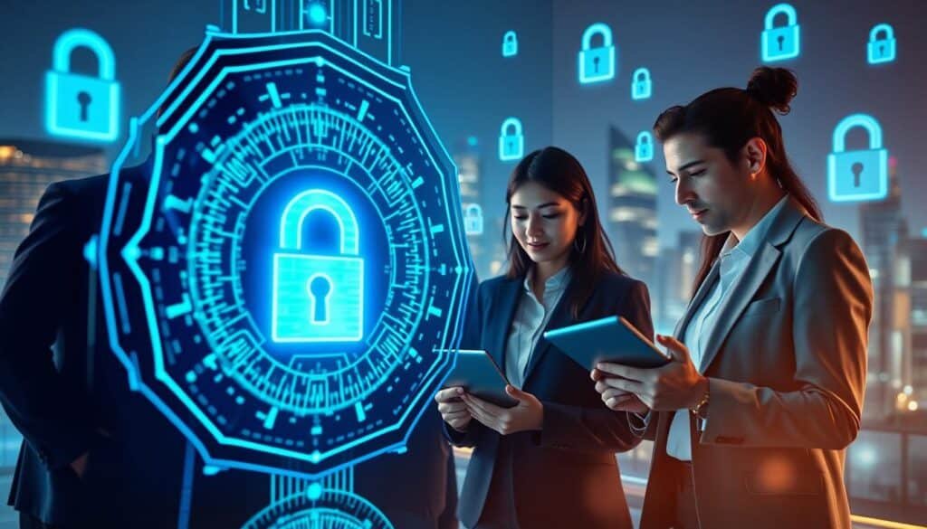 A futuristic and visually striking representation of blockchain technology focused on trust and fraud prevention in the insurance sector. In the foreground, a digital hologram of a secure blockchain ledger, with vibrant neon blue and green light patterns, symbolizes transparency and security. The middle ground shows a diverse group of professionals in business attire, engaged in a discussion while analyzing data on tablets. Their expressions convey collaboration and confidence. The background features a stylized cityscape with floating data streams and digital locks, emphasizing the technological landscape. Soft, ambient lighting enhances a sense of innovation and trust, with a shallow depth of field to focus on the subjects while blurring the city backdrop for a dynamic effect. A futuristic and visually striking representation of blockchain technology focused on trust and fraud prevention in the insurance sector. In the foreground, a digital hologram of a secure blockchain ledger, with vibrant neon blue and green light patterns, symbolizes transparency and security. The middle ground shows a diverse group of professionals in business attire, engaged in a discussion while analyzing data on tablets. Their expressions convey collaboration and confidence. The background features a stylized cityscape with floating data streams and digital locks, emphasizing the technological landscape. Soft, ambient lighting enhances a sense of innovation and trust, with a shallow depth of field to focus on the subjects while blurring the city backdrop for a dynamic effect.