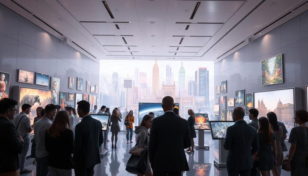 A futuristic art gallery filled with vibrant digital artworks, showcasing the evolution of the art market in the digital age. In the foreground, a diverse group of art collectors and digital artists wearing professional attire engage in animated discussions, analyzing NFT displays on sophisticated screens. The middle ground features an array of high-resolution digital canvases projected on sleek holographic displays, illustrating iconic art pieces transformed into NFTs. In the background, a glowing cityscape filled with innovative architecture symbolizes progress and technology. Soft, ambient lighting creates a welcoming atmosphere, while dynamic shadows add depth, emphasizing the intersection of art and technology. The overall mood is one of inspiration and forward-thinking, capturing the essence of the modern digital art marketplace.