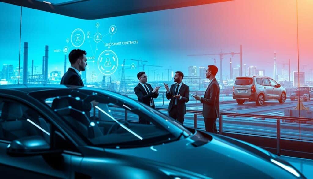 A futuristic automotive workspace showcasing the integration of blockchain technology in the automotive industry. In the foreground, a sleek electric vehicle with a transparent digital overlay displaying blockchain nodes and smart contracts, showcasing data flow. In the middle, a diverse group of three professionals in smart business attire—two men and one woman—discussing and analyzing data on a holographic dashboard. In the background, a modern cityscape with high-tech infrastructure and automotive manufacturing plants, illuminated by a soft blue light for a tech-savvy atmosphere. The scene is captured from a low angle to emphasize the interaction and the advanced technology, creating a sense of innovation and collaboration. The overall mood is dynamic and forward-looking, reflecting the future of automotive solutions.