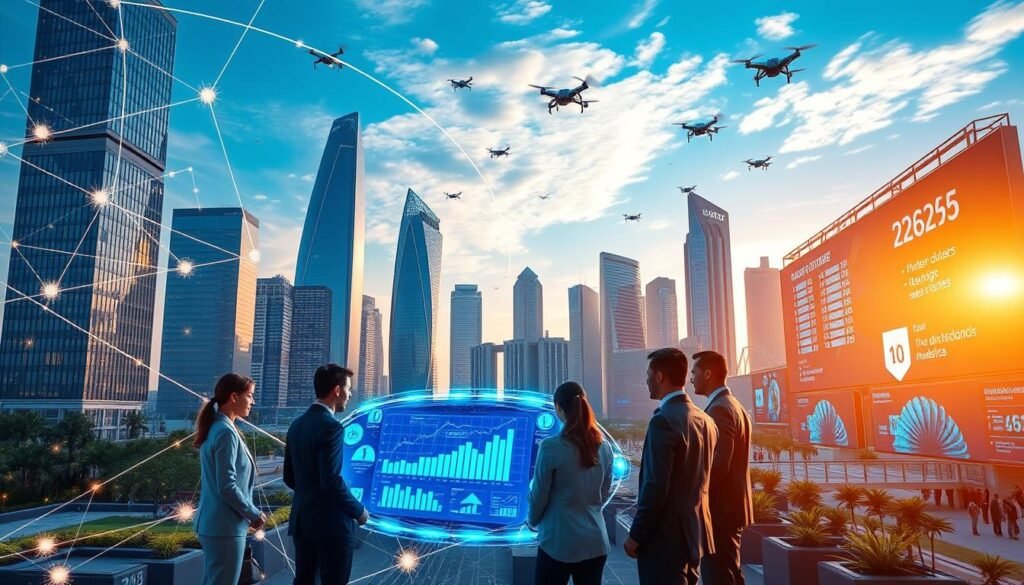 A futuristic blockchain ecosystem in 2026, showcasing interconnected digital nodes and vibrant data streams forming a complex web. In the foreground, a diverse group of professionals in business attire collaborates around a holographic interface displaying blockchain charts and graphs. The middle ground features sleek, modern skyscrapers decorated with digital advertisements and green spaces, representing innovation and sustainability. In the background, a bright blue sky with floating drones and digital billboards showing blockchain transaction information create a dynamic atmosphere. The scene is illuminated by a warm, golden light of the setting sun, casting long shadows and enhancing the high-tech ambiance. The overall mood is optimistic and inspiring, reflecting the advancements in technology and the collaborative spirit of the blockchain community.